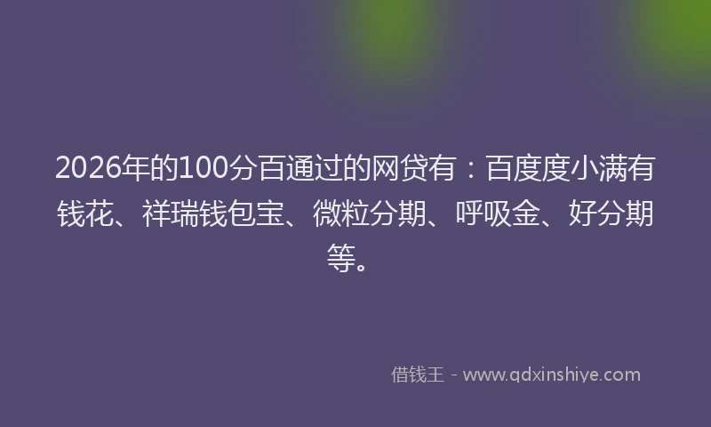 2026年的100分百通过的网贷有：百度度小满有钱花、祥瑞钱包宝、微粒分期、呼吸金、好分期等。