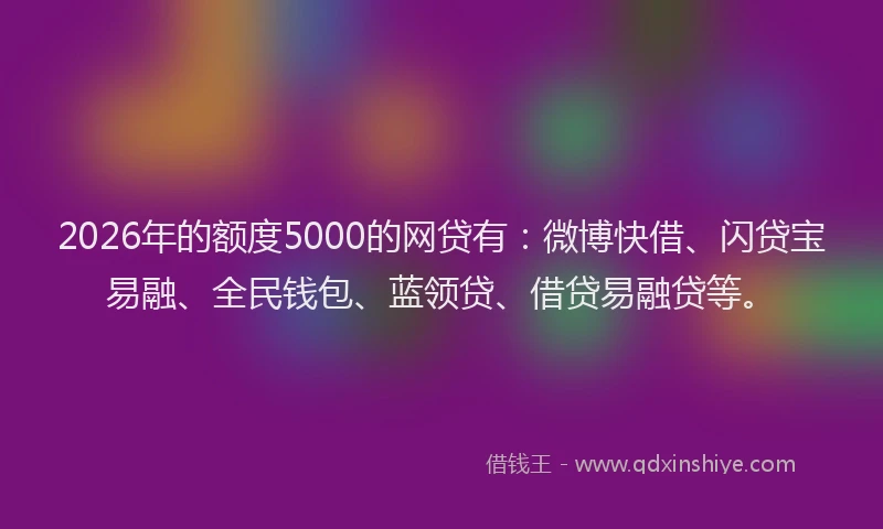 2026年的额度5000的网贷有：微博快借、闪贷宝易融、全民钱包、蓝领贷、借贷易融贷等。