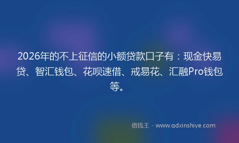 2026年的不上征信的小额贷款口子有：现金快易贷、智汇钱包、花呗速借、戒易花、汇融Pro钱包等。