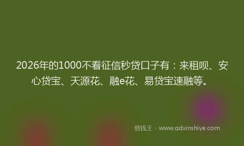2026年的1000不看征信秒贷口子有：来租呗、安心贷宝、天源花、融e花、易贷宝速融等。