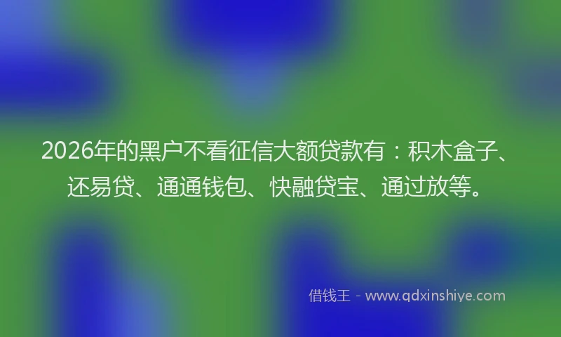 2026年的黑户不看征信大额贷款有：积木盒子、还易贷、通通钱包、快融贷宝、通过放等。