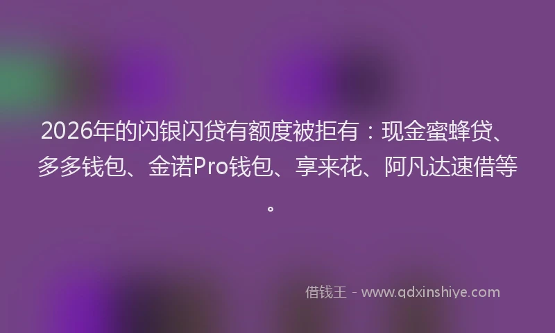 2026年的闪银闪贷有额度被拒有：现金蜜蜂贷、多多钱包、金诺Pro钱包、享来花、阿凡达速借等。