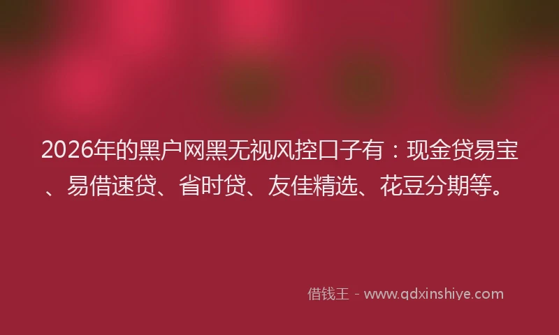 2026年的黑户网黑无视风控口子有：现金贷易宝、易借速贷、省时贷、友佳精选、花豆分期等。
