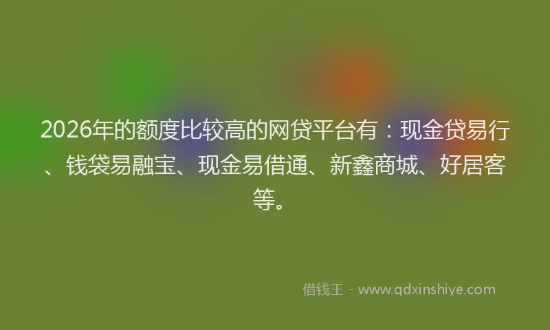 2026年的额度比较高的网贷平台有：现金贷易行、钱袋易融宝、现金易借通、新鑫商城、好居客等。