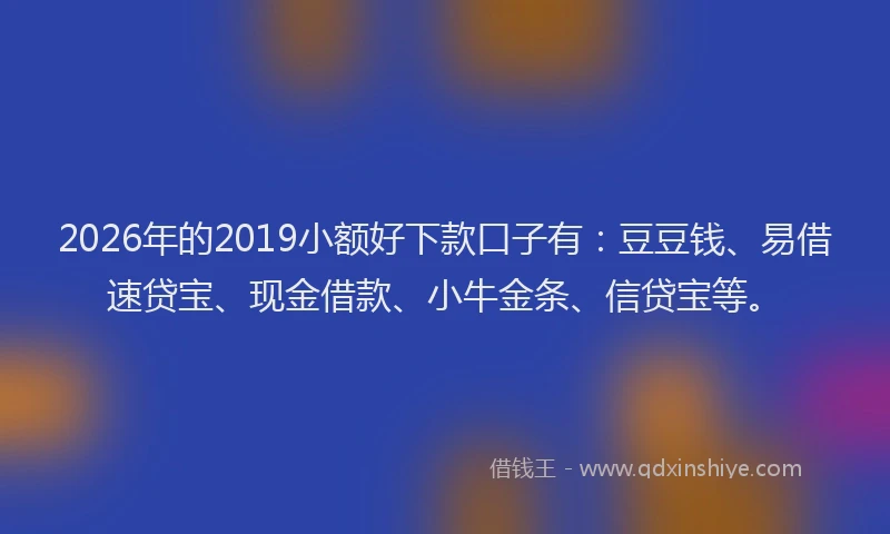 2026年的2019小额好下款口子有：豆豆钱、易借速贷宝、现金借款、小牛金条、信贷宝等。