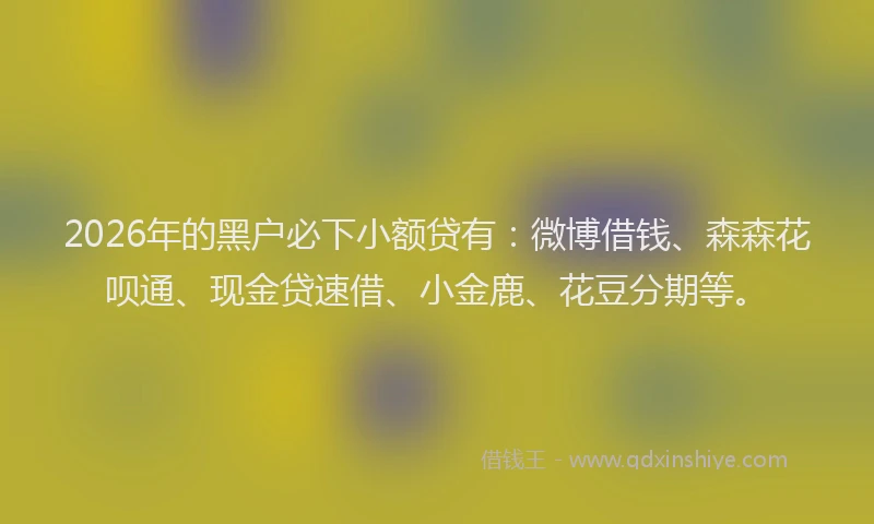 2026年的黑户必下小额贷有：微博借钱、森森花呗通、现金贷速借、小金鹿、花豆分期等。