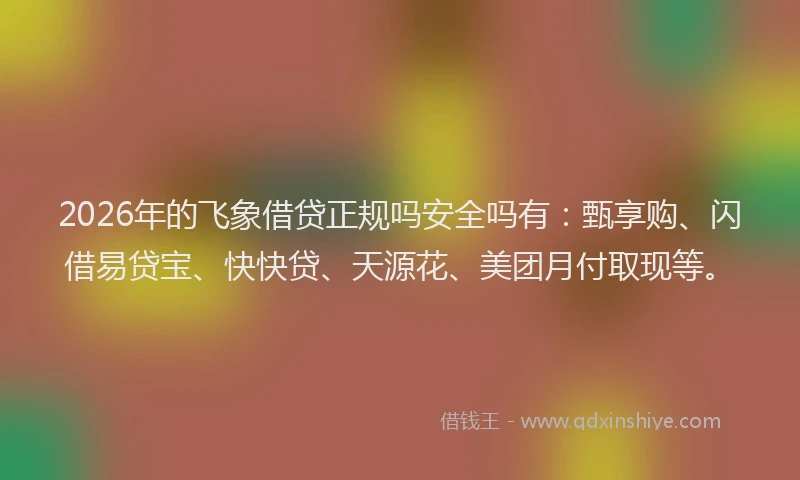 2026年的飞象借贷正规吗安全吗有：甄享购、闪借易贷宝、快快贷、天源花、美团月付取现等。