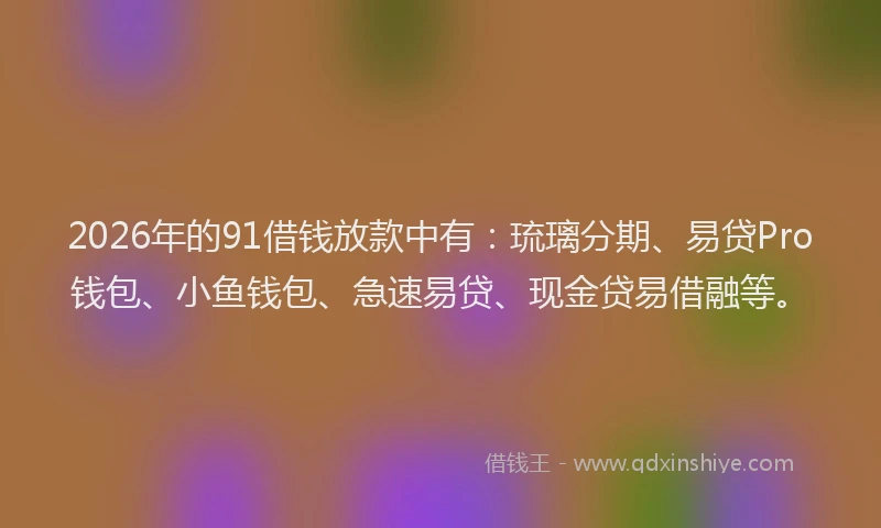2026年的91借钱放款中有：琉璃分期、易贷Pro钱包、小鱼钱包、急速易贷、现金贷易借融等。
