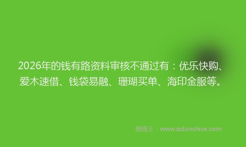 2026年的钱有路资料审核不通过有：优乐快购、爱木速借、钱袋易融、珊瑚买单、海印金服等。
