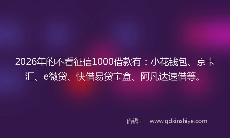2026年的不看征信1000借款有：小花钱包、京卡汇、e微贷、快借易贷宝盒、阿凡达速借等。