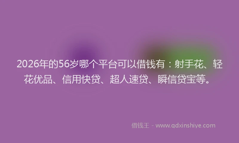 2026年的56岁哪个平台可以借钱有：射手花、轻花优品、信用快贷、超人速贷、瞬信贷宝等。