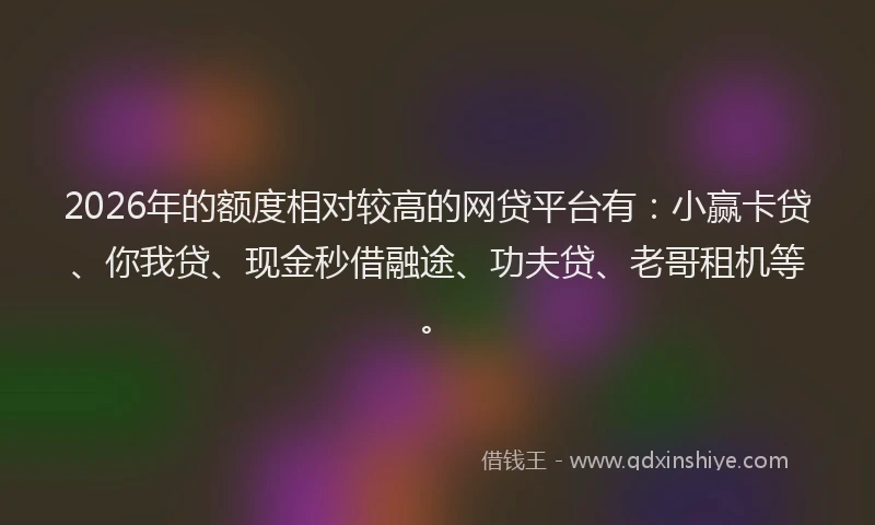 2026年的额度相对较高的网贷平台有：小赢卡贷、你我贷、现金秒借融途、功夫贷、老哥租机等。