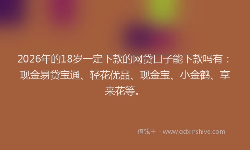 2026年的18岁一定下款的网贷口子能下款吗有：现金易贷宝通、轻花优品、现金宝、小金鹤、享来花等。