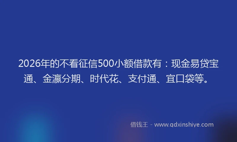 2026年的不看征信500小额借款有：现金易贷宝通、金瀛分期、时代花、支付通、宜口袋等。