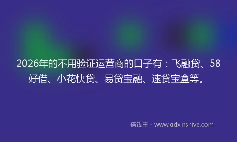 2026年的不用验证运营商的口子有：飞融贷、58好借、小花快贷、易贷宝融、速贷宝盒等。