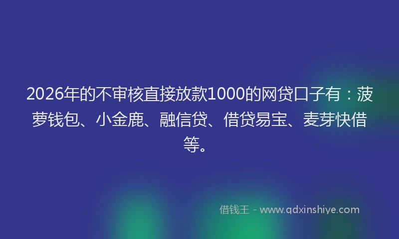 2026年的不审核直接放款1000的网贷口子有：菠萝钱包、小金鹿、融信贷、借贷易宝、麦芽快借等。