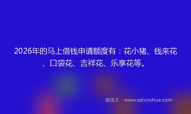 2026年的马上借钱申请额度有：花小猪、钱来花、口袋花、吉祥花、乐享花等。