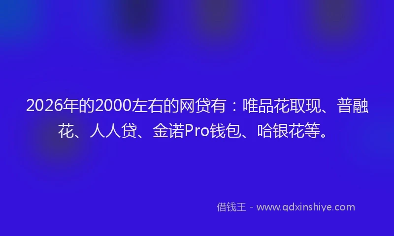 2026年的2000左右的网贷有：唯品花取现、普融花、人人贷、金诺Pro钱包、哈银花等。