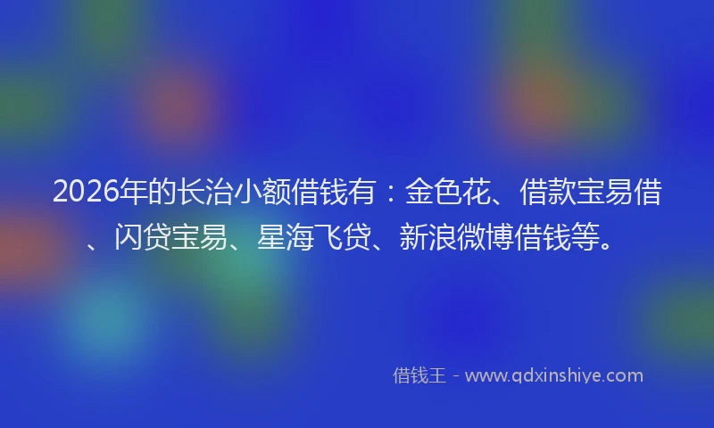 2026年的长治小额借钱有：金色花、借款宝易借、闪贷宝易、星海飞贷、新浪微博借钱等。