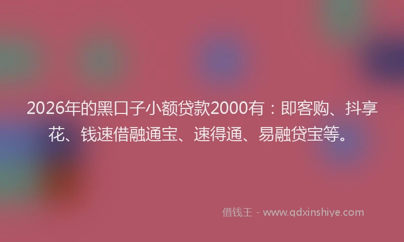 2026年的黑口子小额贷款2000有：即客购、抖享花、钱速借融通宝、速得通、易融贷宝等。