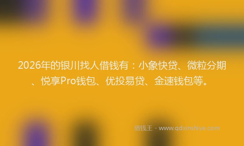2026年的银川找人借钱有：小象快贷、微粒分期、悦享Pro钱包、优投易贷、金速钱包等。