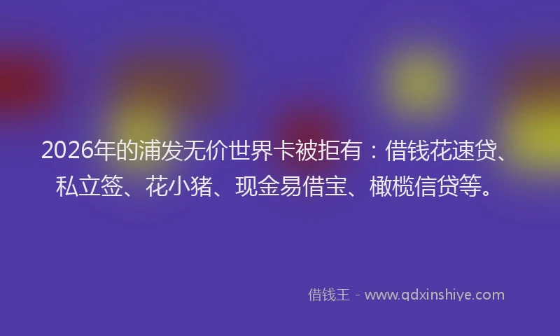 2026年的浦发无价世界卡被拒有：借钱花速贷、私立签、花小猪、现金易借宝、橄榄信贷等。