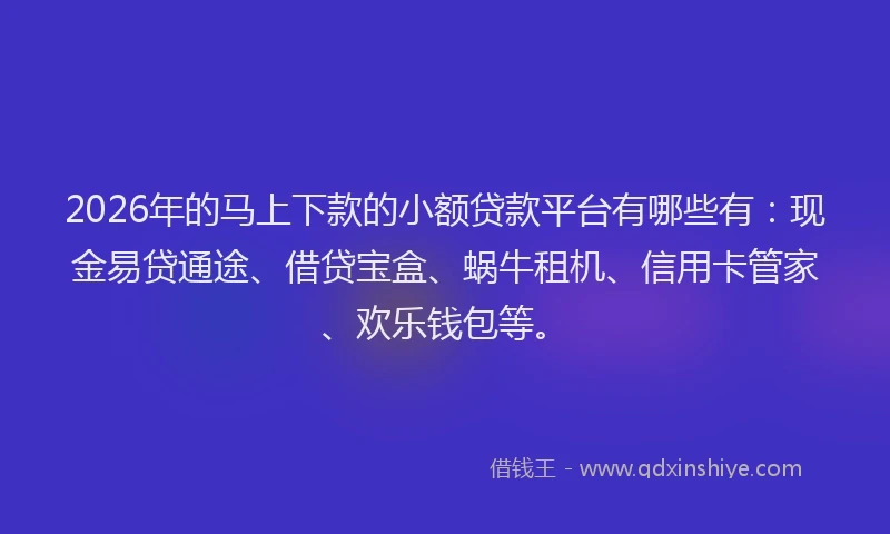 2026年的马上下款的小额贷款平台有哪些有：现金易贷通途、借贷宝盒、蜗牛租机、信用卡管家、欢乐钱包等。