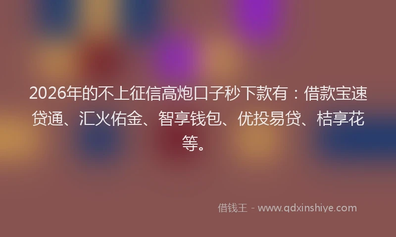 2026年的不上征信高炮口子秒下款有：借款宝速贷通、汇火佑金、智享钱包、优投易贷、桔享花等。