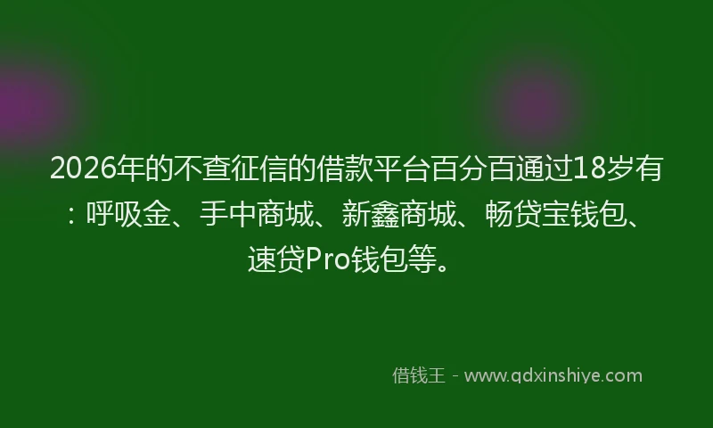 2026年的不查征信的借款平台百分百通过18岁有：呼吸金、手中商城、新鑫商城、畅贷宝钱包、速贷Pro钱包等。