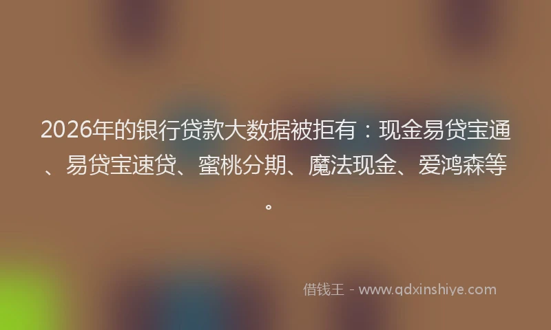 2026年的银行贷款大数据被拒有：现金易贷宝通、易贷宝速贷、蜜桃分期、魔法现金、爱鸿森等。