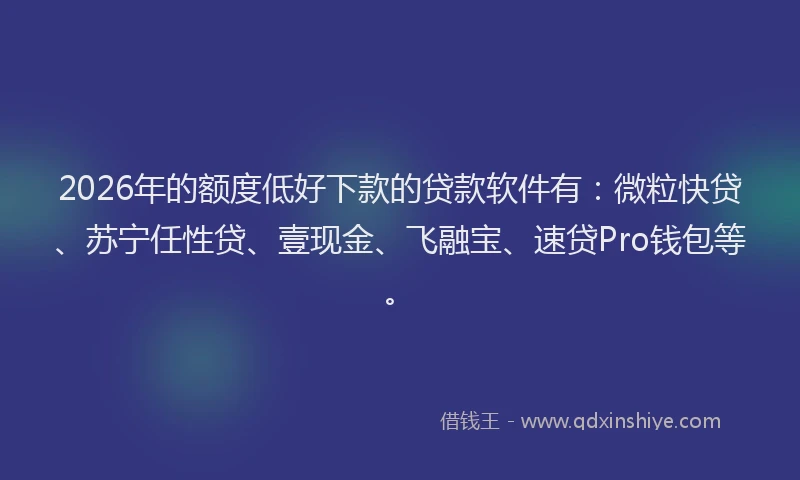 2026年的额度低好下款的贷款软件有：微粒快贷、苏宁任性贷、壹现金、飞融宝、速贷Pro钱包等。
