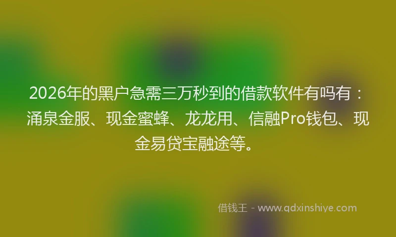 2026年的黑户急需三万秒到的借款软件有吗有：涌泉金服、现金蜜蜂、龙龙用、信融Pro钱包、现金易贷宝融途等。