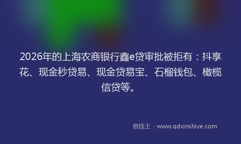 2026年的上海农商银行鑫e贷审批被拒有：抖享花、现金秒贷易、现金贷易宝、石榴钱包、橄榄信贷等。