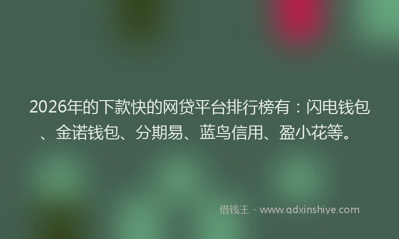 2026年的下款快的网贷平台排行榜有：闪电钱包、金诺钱包、分期易、蓝鸟信用、盈小花等。