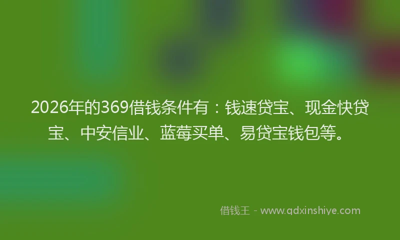 2026年的369借钱条件有：钱速贷宝、现金快贷宝、中安信业、蓝莓买单、易贷宝钱包等。