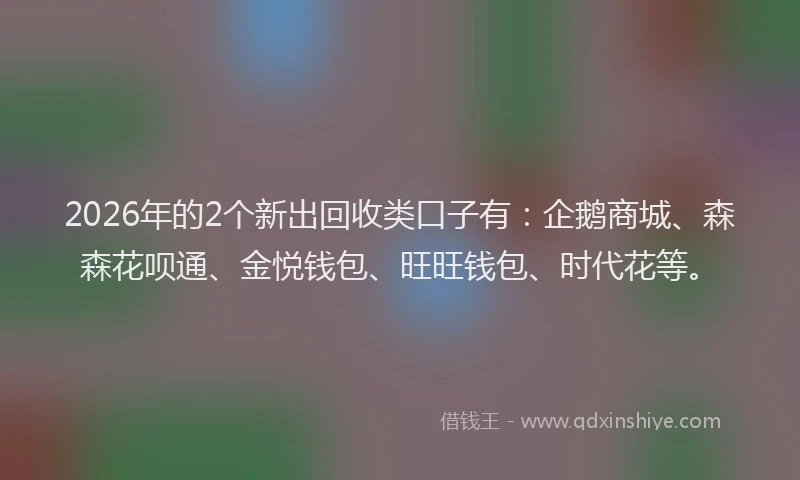2026年的2个新出回收类口子有：企鹅商城、森森花呗通、金悦钱包、旺旺钱包、时代花等。