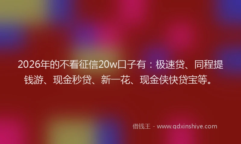 2026年的不看征信20w口子有：极速贷、同程提钱游、现金秒贷、新一花、现金侠快贷宝等。