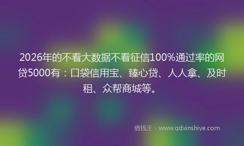 2026年的不看大数据不看征信100%通过率的网贷5000有：口袋信用宝、臻心贷、人人拿、及时租、众帮商城等。