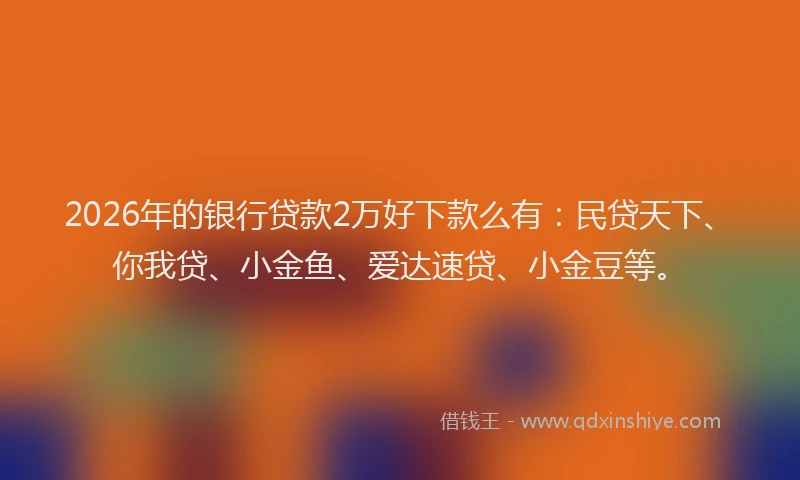 2026年的银行贷款2万好下款么有：民贷天下、你我贷、小金鱼、爱达速贷、小金豆等。
