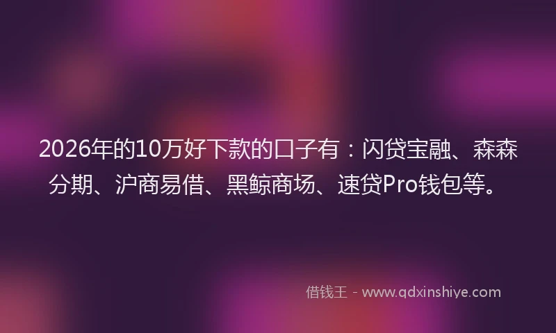 2026年的10万好下款的口子有：闪贷宝融、森森分期、沪商易借、黑鲸商场、速贷Pro钱包等。