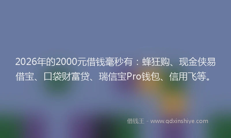 2026年的2000元借钱毫秒有：蜂狂购、现金侠易借宝、口袋财富贷、瑞信宝Pro钱包、信用飞等。
