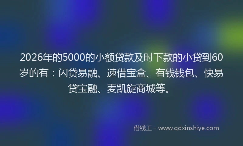 2026年的5000的小额贷款及时下款的小贷到60岁的有：闪贷易融、速借宝盒、有钱钱包、快易贷宝融、麦凯旋商城等。