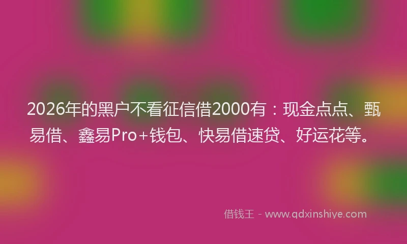 2026年的黑户不看征信借2000有：现金点点、甄易借、鑫易Pro+钱包、快易借速贷、好运花等。