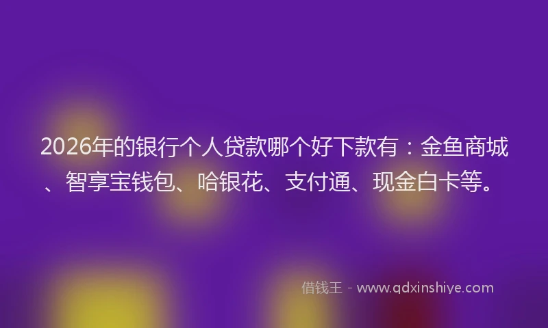 2026年的银行个人贷款哪个好下款有：金鱼商城、智享宝钱包、哈银花、支付通、现金白卡等。