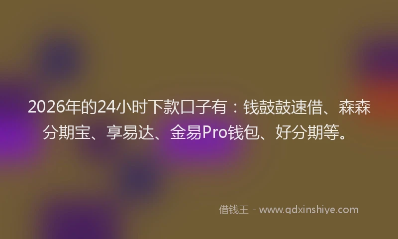 2026年的24小时下款口子有：钱鼓鼓速借、森森分期宝、享易达、金易Pro钱包、好分期等。