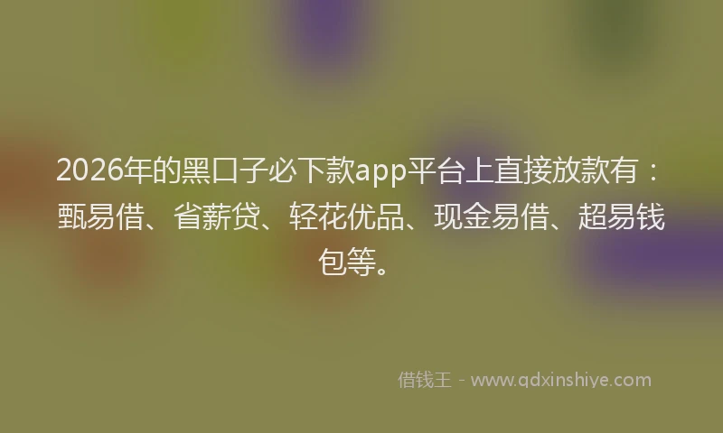 2026年的黑口子必下款app平台上直接放款有：甄易借、省薪贷、轻花优品、现金易借、超易钱包等。