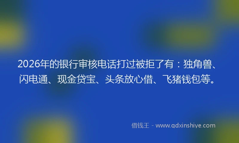 2026年的银行审核电话打过被拒了有：独角兽、闪电通、现金贷宝、头条放心借、飞猪钱包等。