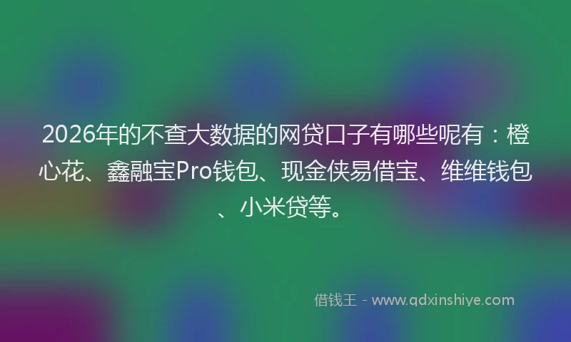 2026年的不查大数据的网贷口子有哪些呢有：橙心花、鑫融宝Pro钱包、现金侠易借宝、维维钱包、小米贷等。