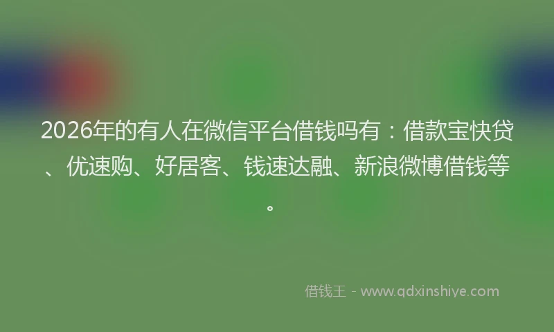 2026年的有人在微信平台借钱吗有：借款宝快贷、优速购、好居客、钱速达融、新浪微博借钱等。