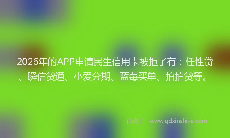 2026年的APP申请民生信用卡被拒了有：任性贷、瞬信贷通、小爱分期、蓝莓买单、拍拍贷等。